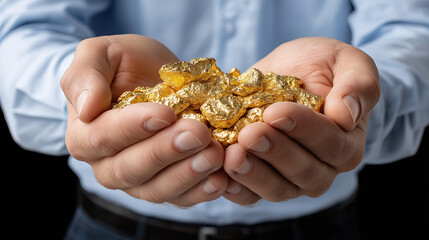 Fototapeta premium Hands holding shiny gold nuggets, symbolizing wealth and prosperity, against dark background, showcasing sense of abundance and value