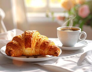 Morning Delight: An inviting culinary scene featuring a freshly baked croissant, a warm cup of coffee, and the gentle play of sunlight, evoking a sense of comfort and a perfect breakfast.
