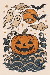 紅葉色の月に囲まれたジャックオーランタンの和風ハロウィン