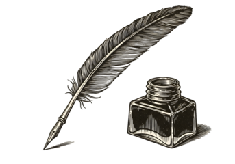 Illustration Of Antique Feather And Inkwell On Black Background