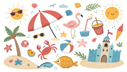 Fun summer beach vacation elements a cute collection of tropical icons and symbols for your designs
