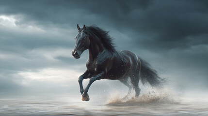 Obraz premium A majestic black horse gallops powerfully through a misty landscape under a cloudy sky