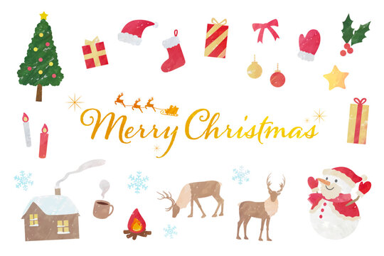 かわいいクリスマスの素材セット　水彩・クレヨン・手描き風のベクターイラスト