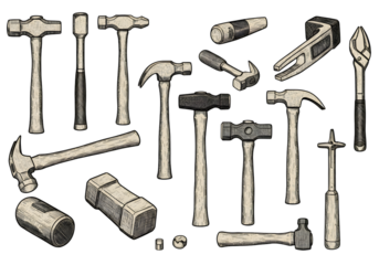 Illustration of Antique Hammers Set on a Transparent Background