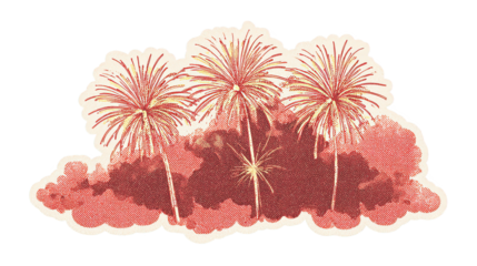 Retro Sticker Illustration of Colorful Fireworks Against a Red Cloud