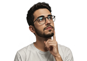 Man with glasses thinking deeply isolated on transparent background