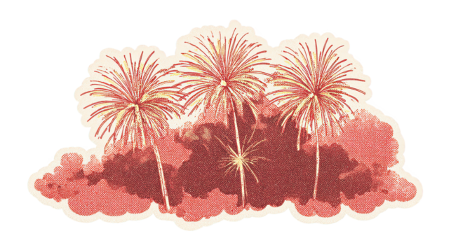 Retro Sticker Illustration of Colorful Fireworks Against a Red Cloud