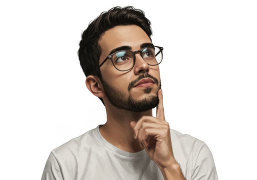 Man with glasses thinking deeply isolated on transparent background