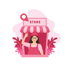 Flat Cartoon Vector Illustration of Smiling Woman Shopkeeper Standing in Front of Store with Awning for Small Business, Retail, and Market Design
