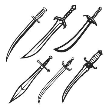 Collection of various sword designs, featuring different styles and shapes, perfect for historical illustrations, fantasy art, or weapon design projects