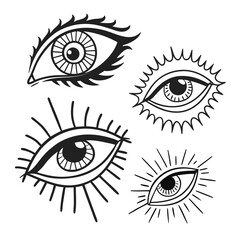 A collection of four stylized eye illustrations, each uniquely designed with varying lash styles and radiating lines, the designs evoke a sense of mystique