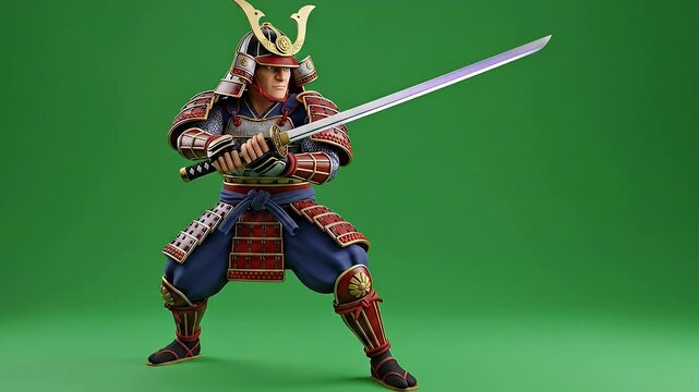 Samurai Warrior: 3D Model in Full Armor, Drawing Katana Sword