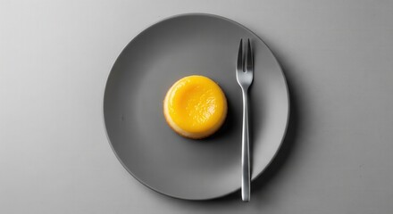 Top view of a Brazilian quindim dessert on a grey plate in a minimalist style with a fork