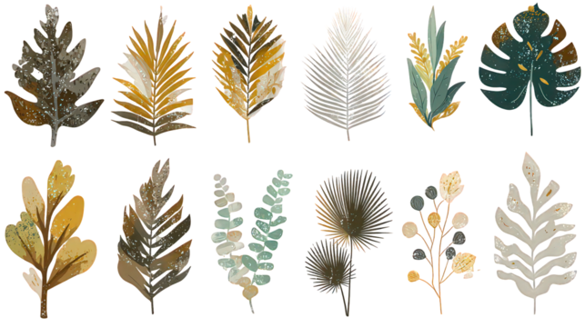 Set Of Decorative Tropical Leaves In Earthy Tones With Glitter Effect