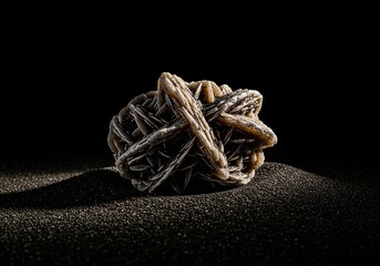 Dramatic shot of a desert rose rock crystal formation resting on fine black volcanic sand
