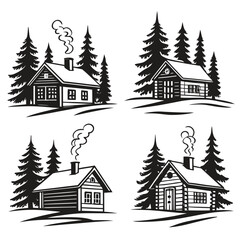 Collection of four monochrome vector illustrations featuring cozy log cabins nestled among evergreen trees, smoke gently rising from their chimneys