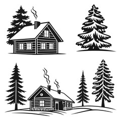 Monochrome vector illustration featuring a cozy log cabin nestled among pine trees, smoke gently rising from the chimney, , evoking a sense of rustic charm and tranquility