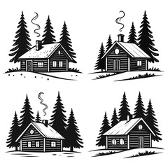 Four charming log cabins nestled among towering pine trees, a serene winter scene evoking warmth and tranquility, a rustic escape to nature