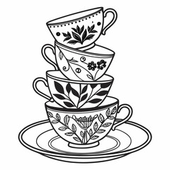 Charming monochrome vector illustration of a stack of four teacups, each uniquely decorated with floral patterns, , creating a whimsical and elegant design
