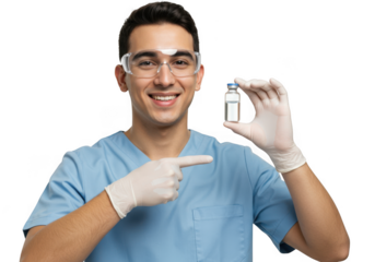 Smiling scientist holding a small vial isolated on transparent background
