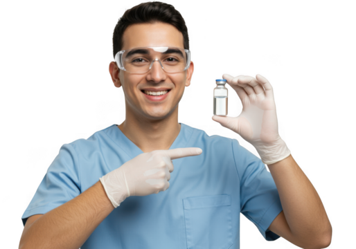 Smiling scientist holding a small vial isolated on transparent background