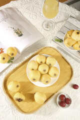 Fresh Yellow Apples on Wooden Tray with White Wine and Grapes Flat Lay Food Photography