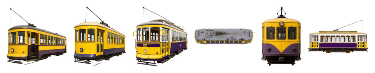 Vintage yellow and purple tram set including front, side, and top views isolated. Classic urban transport collection.