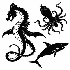 Stylized black silhouettes of a sea dragon octopus and shark on a white background