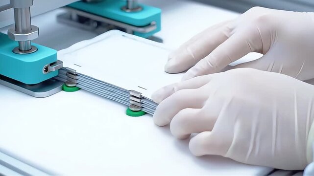 Technician Assembling Lithium Ion Pouch Cells on Production Line.
