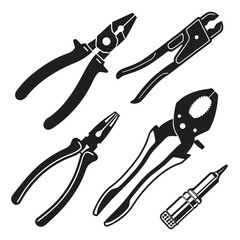 Collection of black silhouette pliers and a spark plug on a white background