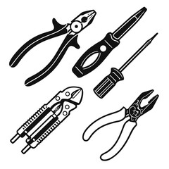 Collection of black and white silhouette illustrations of various hand tools including pliers and screwdrivers