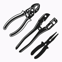 Collection of black silhouette pliers and gripping tools on a white background