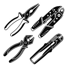 Set of four black and white silhouette illustrations of various hand tools including pliers and wire strippers