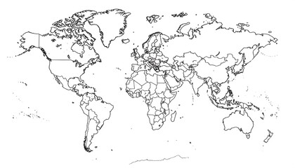 A black and white world map showcases the continents and their borders, demonstrating geographical boundaries.