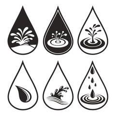 Collection of six stylized water drop icons representing different water phenomena and states