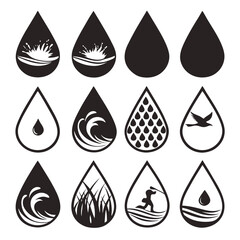 Collection of twelve black water drop icons representing various natural elements and activities