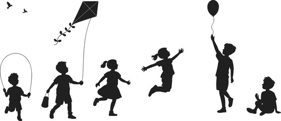 Happy children playing outdoors, kids flying kite, jumping, skipping rope, holding balloon, childhood fun, outdoor activity, silhouette illustration of playful kidsH