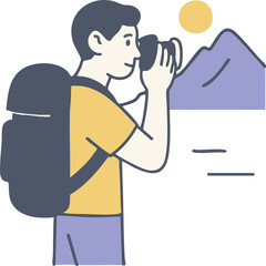 Man with backpack taking photo of mountain at sunset, enjoying outdoor adventure