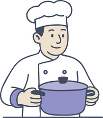 Chef holding cooking pot with happy expression in kitchen uniform