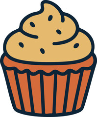 Cupcake with creamy frosting and sprinkles in red wrapper, cartoon style