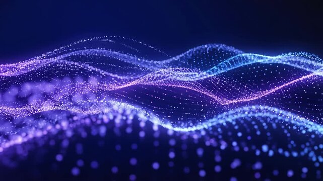 Abstract digital wave lines motion background, glowing purple blue particle effect moving up and down, futuristic technology data flow animation, cyber design pattern