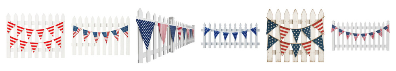 Picket fence set including US flag bunting and striped red and white bunting isolated. Patriotic celebration and Americana design elements.