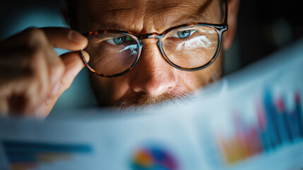 Focused man reading financial report with glasses, analyzing data trends and statistics. expression shows concentration and determination in understanding complex information