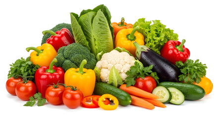 Pile of fresh and colorful vegetables isolated on white background