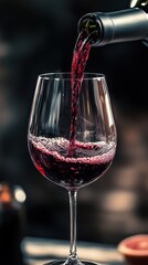 Red wine being poured into a crystal glass, a close-up view.