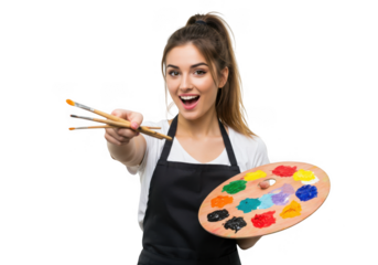 Artist holding paintbrushes and palette isolated on transparent background