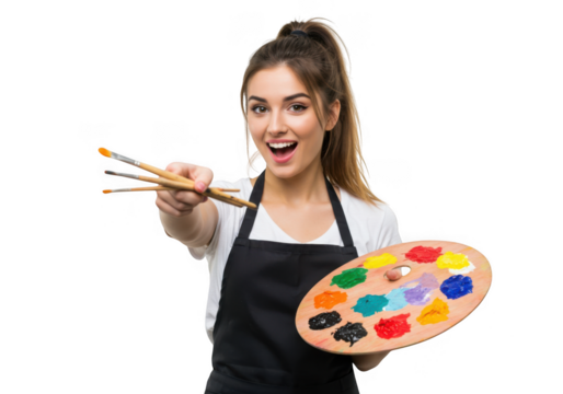 Artist holding paintbrushes and palette isolated on transparent background