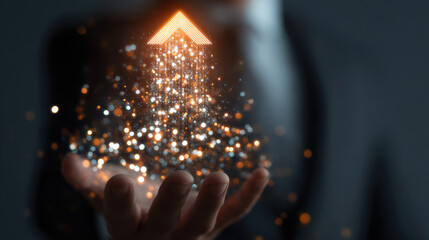 Hand is raised, showcasing glowing arrow made of sparkling particles, symbolizing growth and progress. background is dark, enhancing luminous effect of arrow, creating sense of aspiration