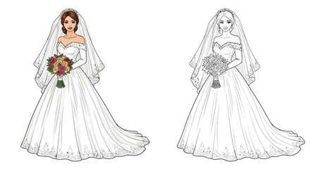 Fototapeta premium Spooky Gothic Bride with Veil Halloween Coloring Page Scary Wedding Fantasy Art