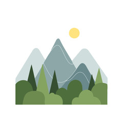 Vector art of minimalist mountain landscape with sun and trees, a simple and serene nature scene in a flat design style